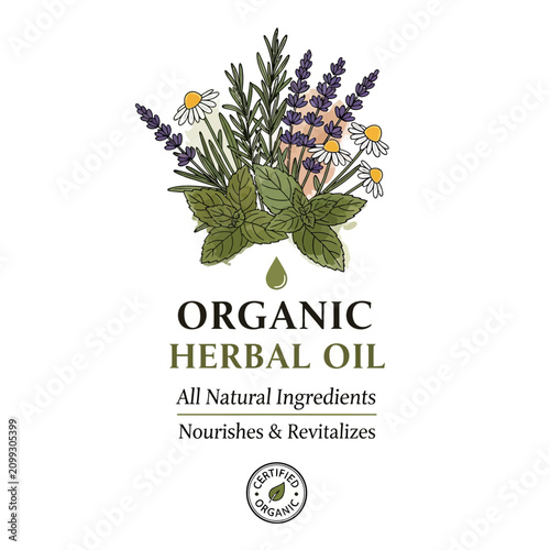 Organic Herbal Oil Product Label Design Featuring Natural Botanical Ingredients for Skincare and Wellness