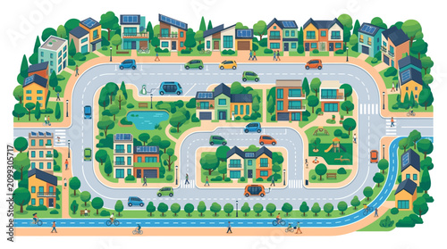 Sustainable suburban neighborhood with eco-friendly homes, solar panels, electric cars, and green spaces.