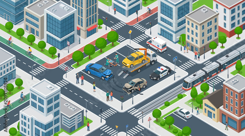 City car crash intersection with tow truck, ambulance, police, and tram