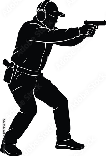 Black silhouette of a male shooter aiming a handgun pistol isolated on white background