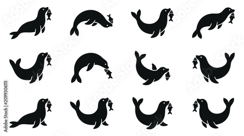 Canvastavla Set of twelve black silhouette icons depicting seals and sea lions holding a fish in their mouths, showing various swimming and sitting poses isolated on a plain white background