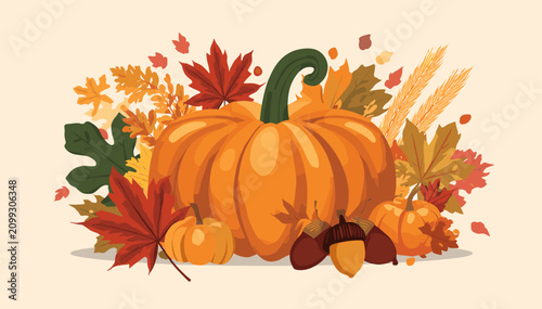 Obraz na płótnie A vibrant autumn harvest illustration featuring a large central pumpkin surrounded by colorful fall leaves, smaller gourds, acorns, and wheat stalks on a warm background