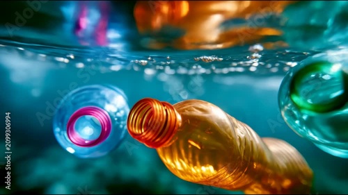 Colorful plastic bottles floating underwater, highlighting ocean pollution, recycling, environmental damage and microplastic waste
