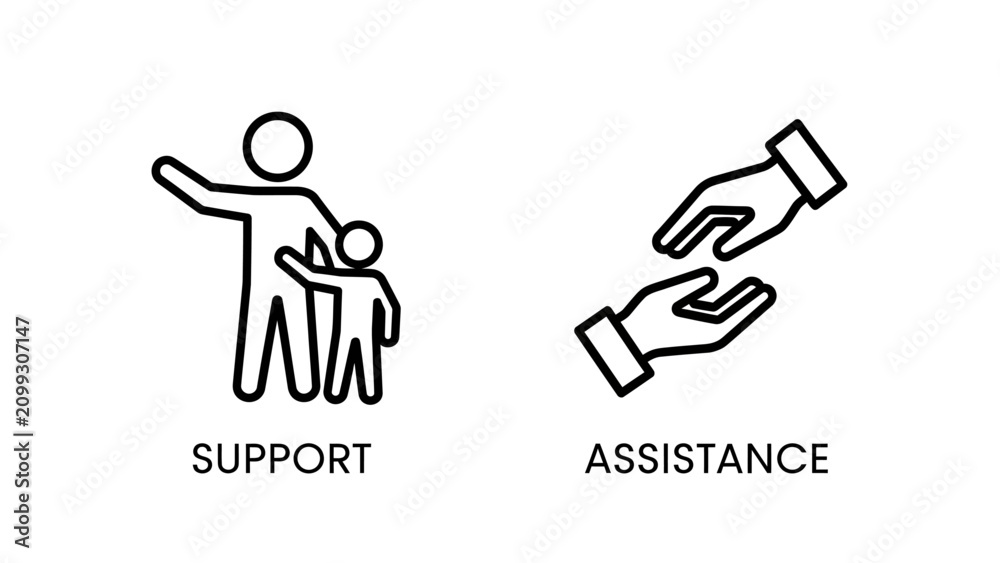 Fototapeta premium Support and assistance icons set illustrating helping hands and community care