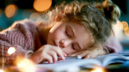 Cute little girl sleeping on open books after studying, showing childhood education, homework fatigue and peaceful rest