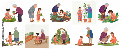 Tableau sur toile Grandmother and granddaughter gardening together vector illustration set, senior