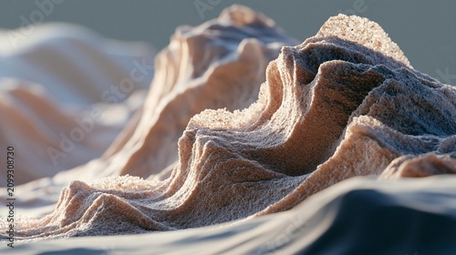 Close-up of a mountain peak. the peak is made up of multiple layers of sand, with the top layer being a light brown color and the bottom layer a darker brown color.