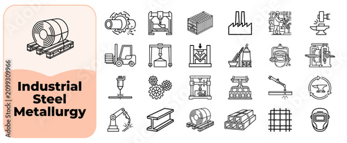 Foto Set of industrial steel metallurgy icons showing manufacturing processes and met