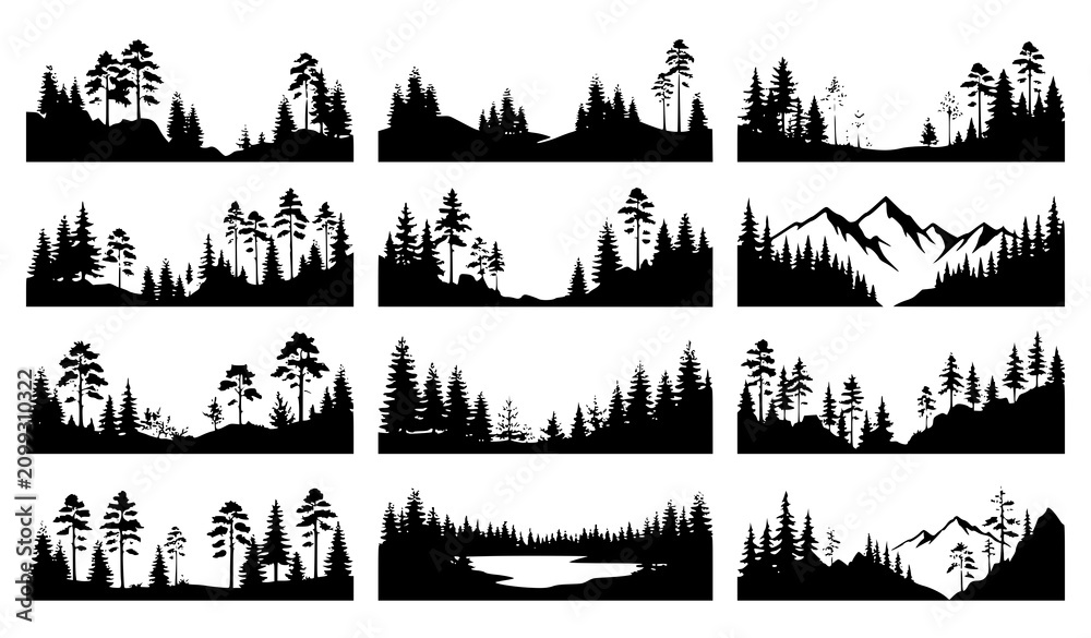 Obraz premium Black Forest Landscape Silhouette Collection with Pine Trees, Mountains and Nature Skyline Illustration Set