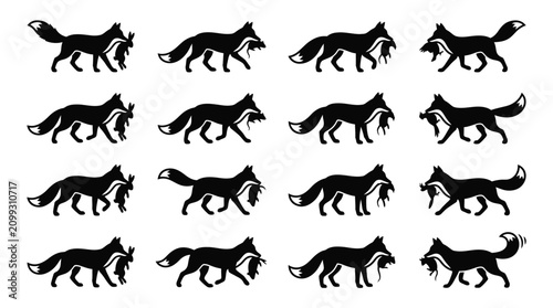Tableau sur toile Collection of sixteen black fox silhouettes carrying various prey in mouths, including rabbits, hares, rodents, and birds
