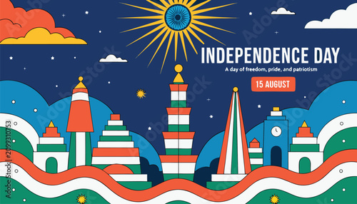 Fotografía Colorful flat vector illustration celebrating Indian independence day with natio