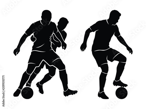 Fotografía Soccer players in action black silhouettes, one defending another dribbling ball, and another player controlling ball