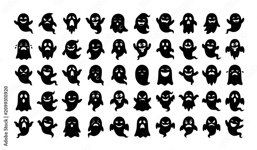Fototapeta premium Scary Funny Ghost Silhouette Set with Halloween Character Faces Vector Collection