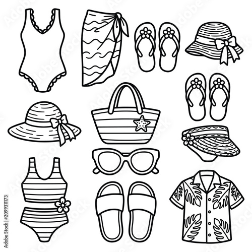 Bilde på lerret Summer beachwear and vacation essentials line art containing swimsuit sun hat flip flops sunglasses beach bag and sarong