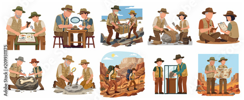 Canvastavla Set of paleontologists and archaeologists flat illustrations, mentor teaching boy about fossils, dinosaur bones, and excavation in desert