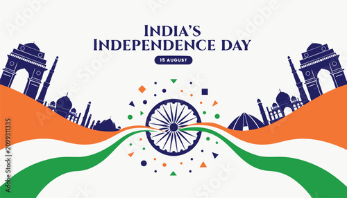 Fotografía Festive Indian Independence Day graphic with national monuments and tricolor rib