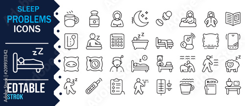 Schilderij op canvas Sleep Therapy and Sleeping Disorder Line Vector Icons