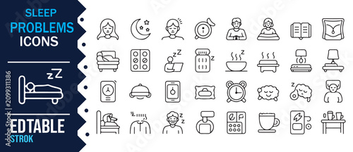 Bild auf Leinwand Sleep Disorder and Insomnia Outline Vector Icon Set