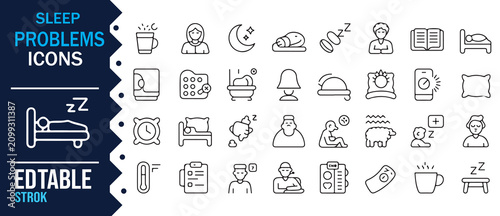 Tableau sur toile Sleep Problems and Insomnia Outline Icons with Editable Stroke