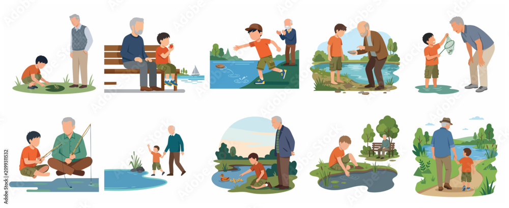 Fototapeta premium Grandfather and Grandson Bonding Outdoor Activities Vector Illustration Set