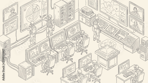High-tech isometric military command center interior with uniformed soldiers monitoring digital surveillance screens and strategic intelligence maps in a tactical operations headquarters facility.