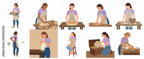 Set of flat vector illustrations of a woman in an apron baking cookies, kneading dough, rolling pastry, and enjoying homemade treats