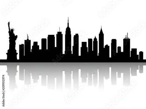 Silhouette of modern city skyline reflected on calm water at dusk with iconic landmarks