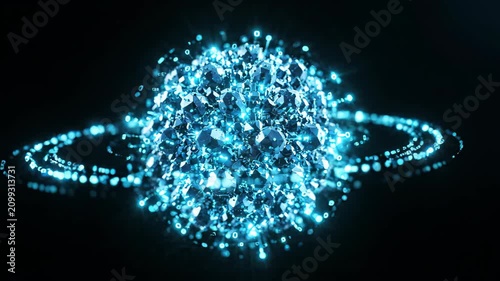 Bright blue pulsating energy sphere with surrounding luminous particle rings, an abstract digital rendering for advanced scientific concepts.