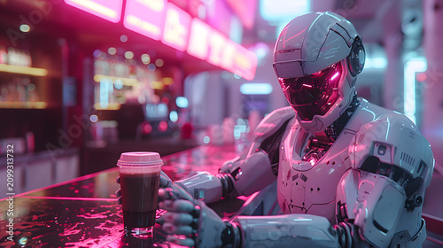 High-Detail 3D Render of Cyborg Barista in Futuristic Cafe, Robotic Arms Brewing Coffee, Cyberpunk Cozy Interior