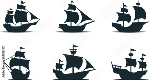 Fotografía Set of six different old sailing ships with sails in various directions on white