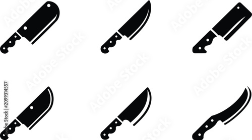 Fotografie Six black kitchen knives with different shapes and handles on white background