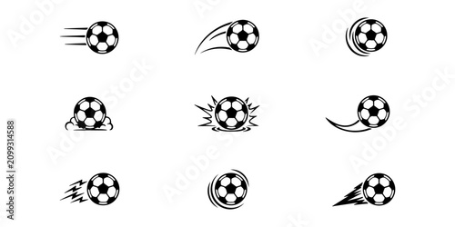 Soccer balls fly through the air across different trajectories to demonstrate speed and sports action.