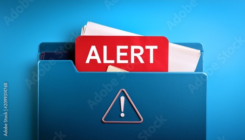 blue folder with papers shows red alert sign computer file issue or data error digital notification for system trouble or security risk danger warning
