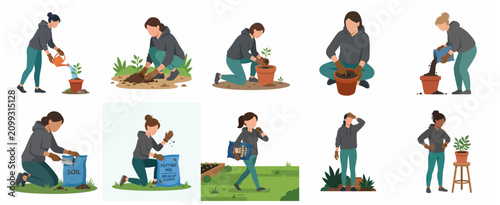Set of flat vector illustrations featuring women engaged in various gardening activities like planting, watering, and caring for indoor and outdoor plants.