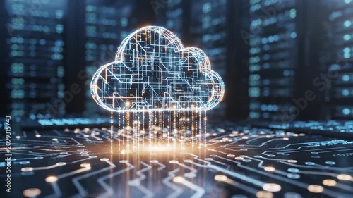 Vibrant digital cloud computing icon transmitting secure information across an intricate circuit board for modern tech enterprises.
