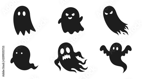 Collection of six black ghost illustrations with different expressions and shapes
