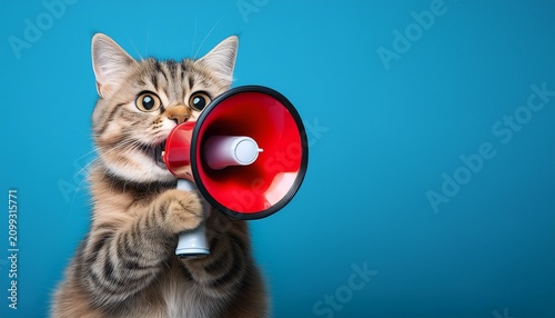 a cat holding a red megaphone looking excited against a blue background