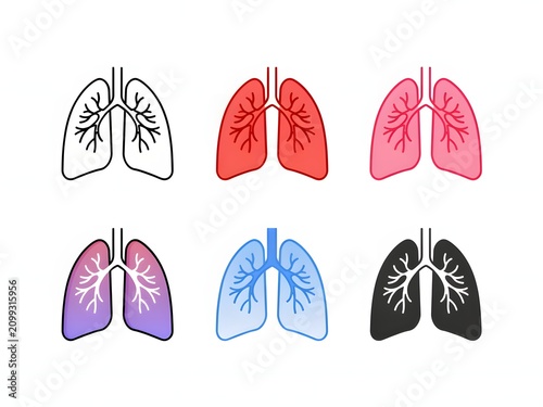 Set of human lungs icons in various colors and styles for medical and healthcare design.