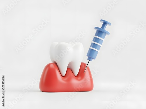 3D render of a human tooth with a dental syringe for anesthesia or gum treatment
