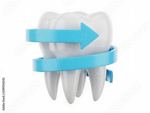 3D white tooth model with blue circular arrow indicating dental care and oral hygiene concept