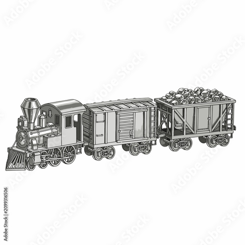 Detailed Metallic Illustration of a Vintage Steam Locomotive Train with Cargo Carriages on a Plain White Background
