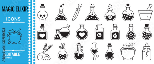 Foto Mystic Potion Bottles and Alchemy Outline Icon Pack