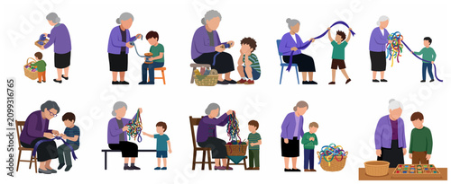 Set of grandmother and grandson illustrations bonding through sewing, knitting, and craft activities isolated on white background