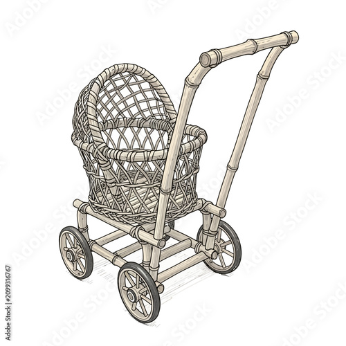 Detailed hand drawn illustration of a vintage wicker baby doll carriage made from natural bamboo and wood materials