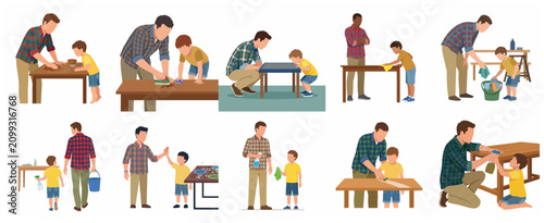 Father and son cleaning and doing household chores together flat vector illustration set