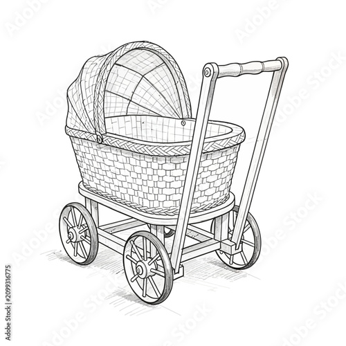 Vintage Hand Drawn Bamboo Baby Pram Sketch Illustration Isolated on White Background