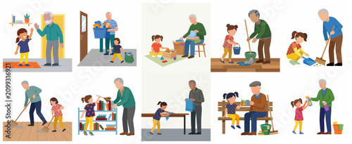 Grandfather and granddaughter doing household chores together set of flat illustrations of family cleaning house mopping floor and folding laundry.