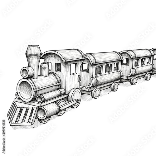Detailed Hand-Drawn Sketch of a Miniature Bamboo Train Locomotive and Carriages Isolated on White Background