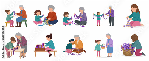 Set of illustrations of grandmother and granddaughter crafting together, teaching sewing and braiding ribbons.