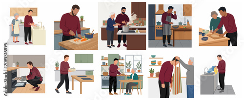 Set of flat vector illustrations depicting an adult man and an elderly woman cooking together, cleaning, and sharing meals in a kitchen, representing caregiving and family support.